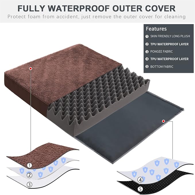 Waterproof Dog Beds Large Sized Dog Orthopedic Dog Beds for Crate with Removable Washable Cover Egg-Crate Foam Pet Pad Mat with Anti-Slip Bottom, 41x27 Inch, Brown