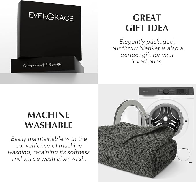 EVERGRACEHOME Chunky Chenille Knit Throw Blanket for Couch, Soft Luxurious Moss Stitch Blankets for Bed, Cozy Decorative Farmhouse Knitted Throws for Sofa, Charcoal Gray, 50" x 60"