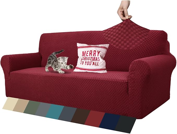 ZNSAYOTX 1 Piece Jacquard Couch Covers for 3 Cushion Couch High Stretch Sofa Cover for Pets Dogs Anti Slip Extra Large Sofa Slipcovers Furniture Protector (XL Sofa, Wine Red)