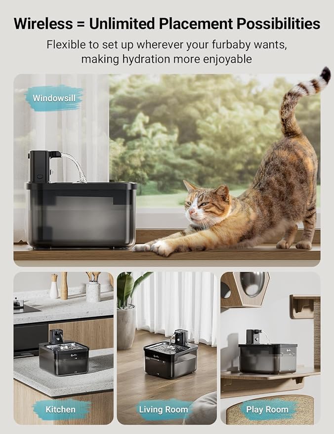 DownyPaws Cat Water Fountain Cordless, 84oz/2.5L Fursink Wireless Pet Water Fountains for Cats Indoor, Battery Operated Cat Drinking Fountain with Motion Sensor, BPA-Free, Black Pro with 6 Filters