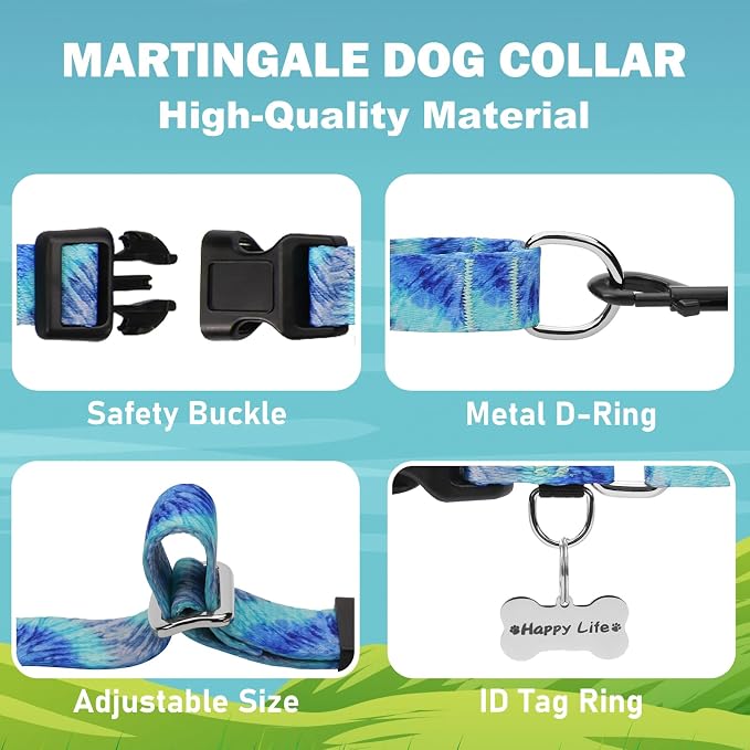 Martingale Collar with Buckle Blue Tie Dye Training Collar Adjustable Nylon Boy Dog Collars (Blue Teal, Medium)