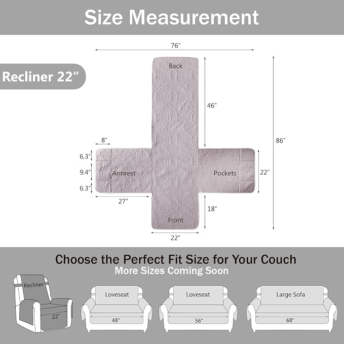 Purple Quilted Recliner Covers, Waterproof Recliner Chair Covers, Lazy Boy Chair Covers, Pet Friendly Recliner Slipcover for Dogs, Washable Sofa Couch Cover (Recliner 22", Cloud Purple)