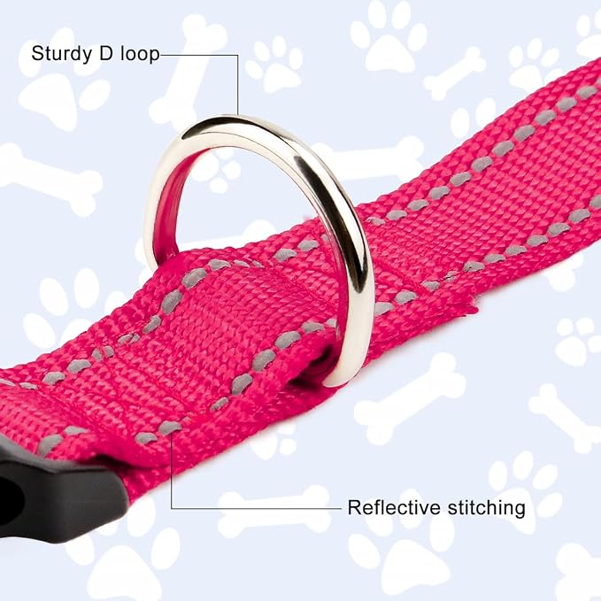 FunTags Length 8" - 12" Reflective Neon Pink Dog Collar for Puppy/Extra Small Dogs – Night Walking & Training Safety, Durable Quick Release Buckle, Nylon, Comfortable Adjustable, Width 3/8"