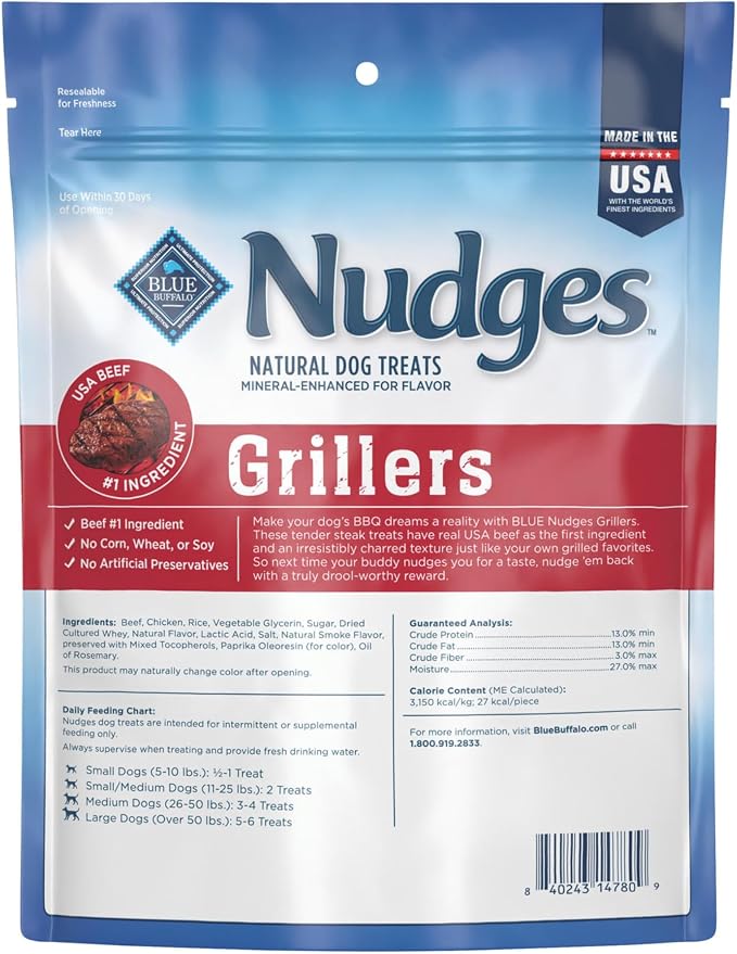 Blue Buffalo Nudges Steak Grillers Natural Dog Treats, Meaty Dog Snacks, Healthy Reward or Training Treat, Made in the USA with Real Beef, No Artificial Preservatives, 10 oz.