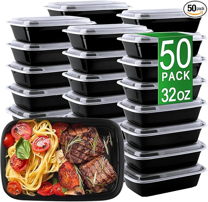 Meal Prep Containers, 50 Pack 32oz (100-Piece) Disposable Take Out Food Storage Containers with Leakproof Lids, Reusable Plastic To Go Lunch Boxes, BPA Free, Microwave/Dishwasher/Freezer Safe