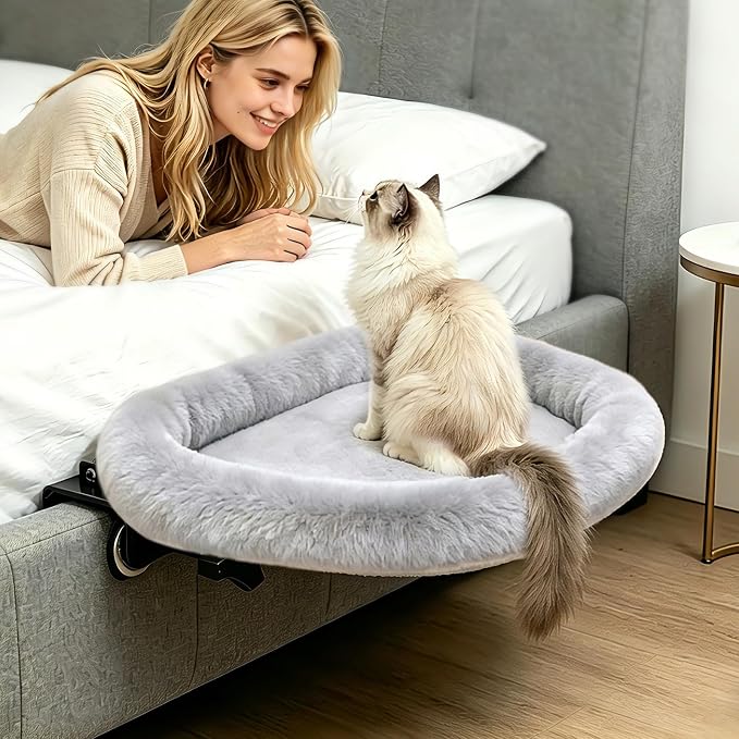 IPOW Heavy Duty Steel Frame 180°Rotating Cat Bedside Bed Semi-Circular Cat Bed for Bedside, Soft Faux Rabbit Fur Material, Suitable for Various Desktops-Maximum Hold Up to 40lb