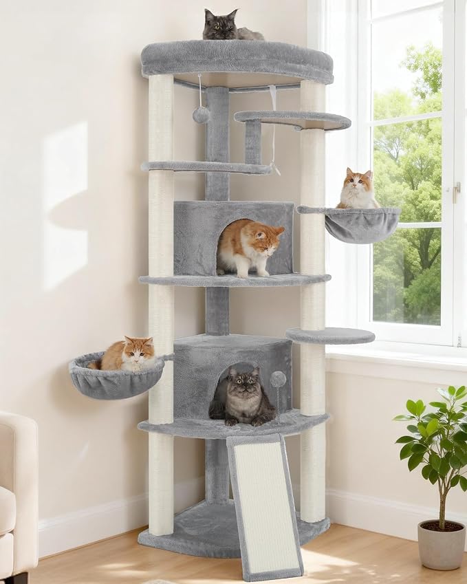 Gitelsnour Corner Cat Tree for Indoor Cats, Cat Tower with All Sisal Scratching Posts, Multi-Level Cat Condo wth 2 Large Cat Caves, Big Top Perch, 2 Hanging Baskets, Sisal Ramp, Light Gray GCT035W