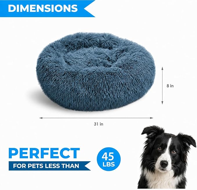 Whiskers & Friends Cat Beds for Indoor Cats, Fluffy Calming Donut Cat Bed, Small Dog Bed Washable - Orthopedic Soft Plush Pet Beds Sized for Kitten to Large Cats & Puppy to Medium Dogs, Navy Grey 31''