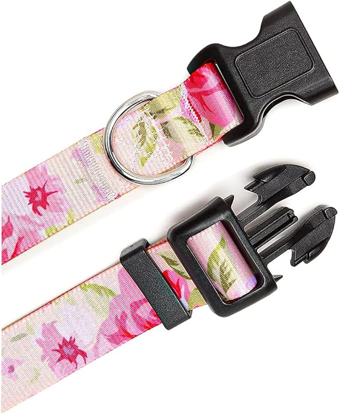 Mihqy Dog Collar and Leash Set with Bohemia Floral Tribal Geometric Patterns - Soft Ethnic Style Collar Adjustable for Small Medium Large Dogs(Pink Rose Set,L)