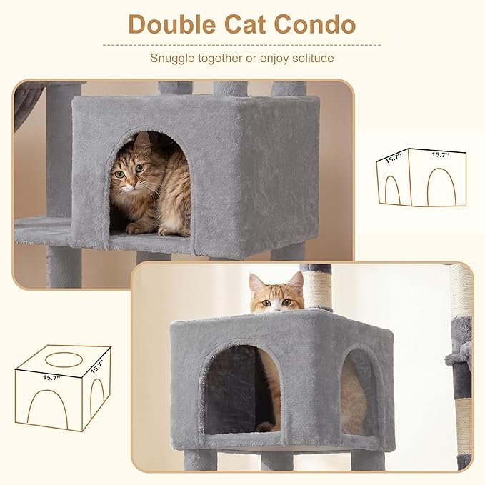 Heybly 68.1" Cat Tree with Oversized Top Platform & Wide Base, Heavy Duty Cat Tower for Large Indoor Cats with 2 Condos, 2 Hammocks, 10 Sisal Scratching Posts, Stable Cat House, Light Gray HCT059W