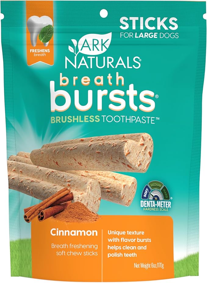 ARK Naturals Breath Bursts Dog Treats, Dog Dental Sticks for Large Breeds, Unique Texture Helps Clean Teeth & Freshen Breath, Cinnamon, 6 oz, 1 Pack