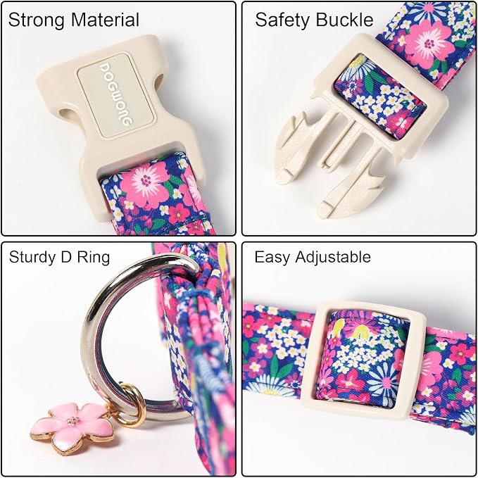 DOGWONG Spring Floral Girly Dog Collar-Cute Floral Daisy Dog Collar, Adjustable Soft Girl Female Dog Collar for Small Medium Large Dogs, XL