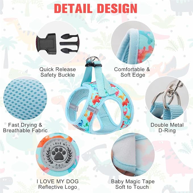 BEAUTYZOO Step in Dog Harness and Leash Set,Reflective Dog Harness No Pull No Choke Puppy Harness for Small Medium Large Dogs Cats,Soft Padded Mesh Vest Harnesses for Girl and Boy Pets,Dinosaurs XS