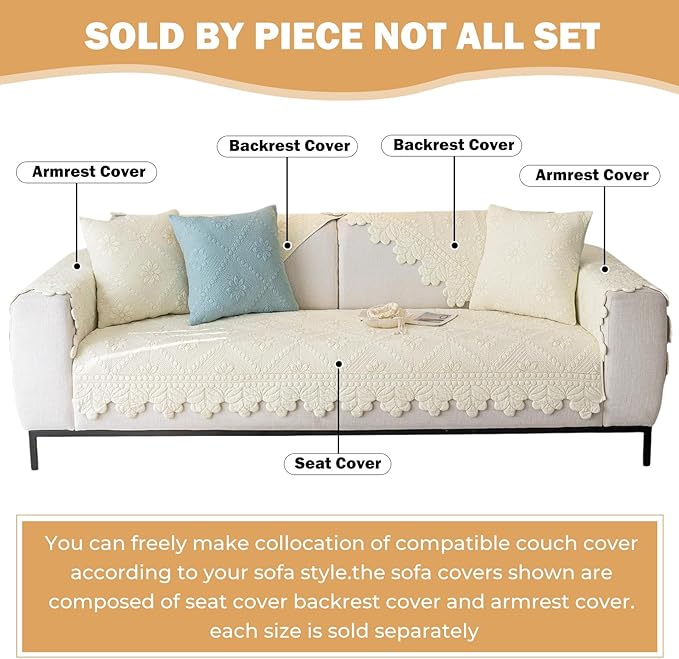 Cotton Quilted Dog Couch Cover for Sofa Farmhouse Rustic Embroidery Sectional Couch Cover Soft Anti-Slip Sofa Slipcover Furniture Protector for Kids, Pets (Ivory,43"x70")