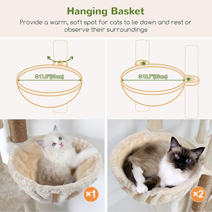 Globlazer Large Cat Tree, 80 inch Multi-Level Tall Climbing Tower Kitty Condos Cat Scratching Tower for Indoor Multiple Large Adult Cats Kittens with 3 Cat Caves, 3 Hanging Baskets, F80F, Beige