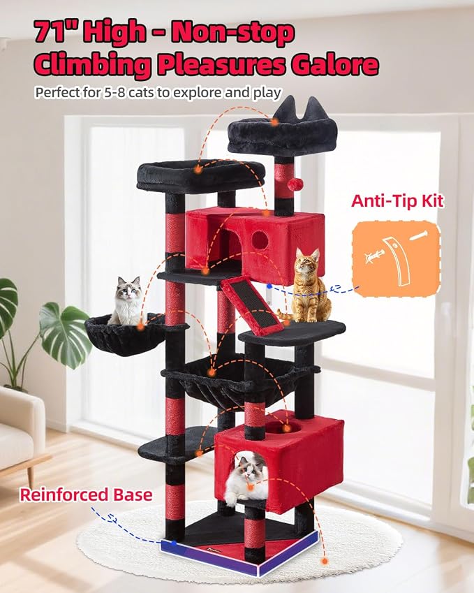 Taoqimiao Gothic Cat Tree 71-Inch, Cat Tower for Indoor Cats Large Adult, Multi-Level Large Cat Condo, 8 Sisal Scratching Posts, Metal Frame Cozy Hammock, Scratch Board, 2 Top Perches, MS026LBR
