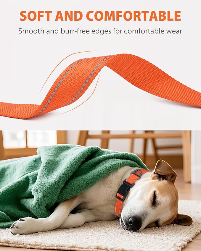 Joytale Dog Collars for Medium Dogs, Comfortable Double-Sided Reflective Nylon Collar for Night Safety, Adjustable Quick-Release for Active Pets, Orange, M (1" Width)