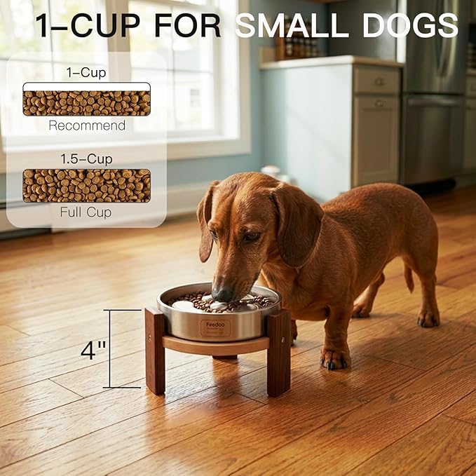 Elevated Dog Bowl Stand, 4'' Height Raised Stand for Small Dogs, Includes 1Cup Stainless Steel Slow Feeder Dog Bowl, Durable Solid Hardwood