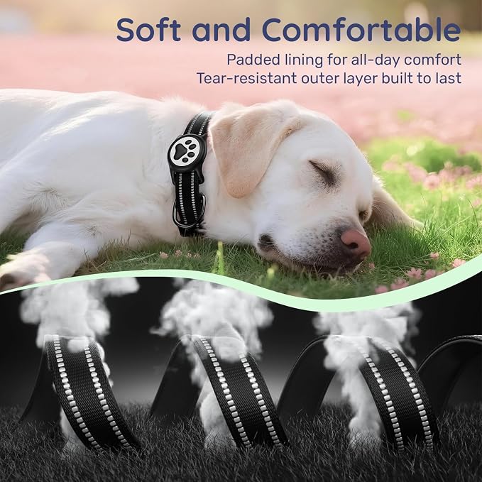 Airtag Dog Collar, Reflective Ultra-Durable Nylon Padded with QR Code Buckle & IP68 Waterproof Air Tag Holder Compatible for Apple AirTag, Comfortable for Small Medium Large Dogs (Black, XS)