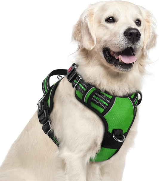 rabbitgoo Dog Harness for Large Dogs, 3 Buckles Easy On & Off No Pull Pet Vest, Soft Padded Walking Pet Harness with Control Handle, Adjustable and Reflective, Green, XL