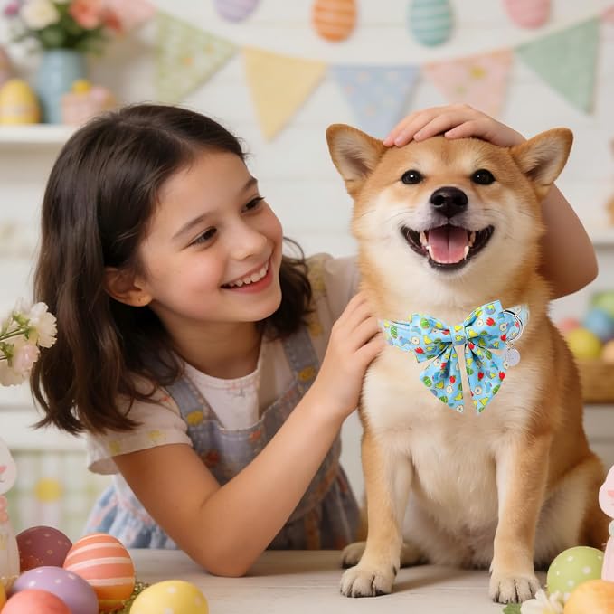 Easter Dog Collar with Bow Tie, Cotton Bunny Bowtie for Large Girl Boy Dog, Cute Rabbit Pet Collar with Metal Buckle, Gift, M
