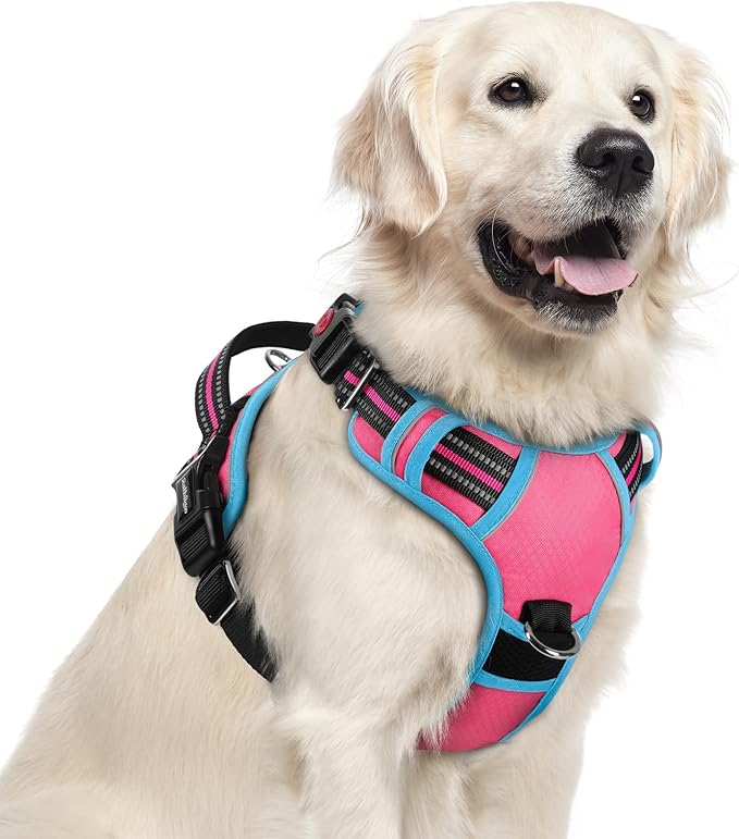 rabbitgoo Dog Harness for Large Dogs, 3 Buckles Easy On & Off No Pull Pet Vest, Soft Padded Walking Pet Harness with Control Handle, Adjustable and Reflective, Rose Pink & Blue, XL