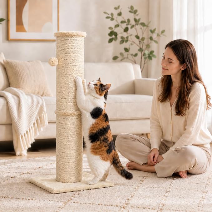 PAWSCRAT Cat Scratching Post 32 Inch High, 5.5 Inch Large Diameter Natural Sisal Cat Scratch Post, Scratch-Resistant and Durable Tall Cat Scratcher for Indoor Cats, Protect Your Furniture, Beige