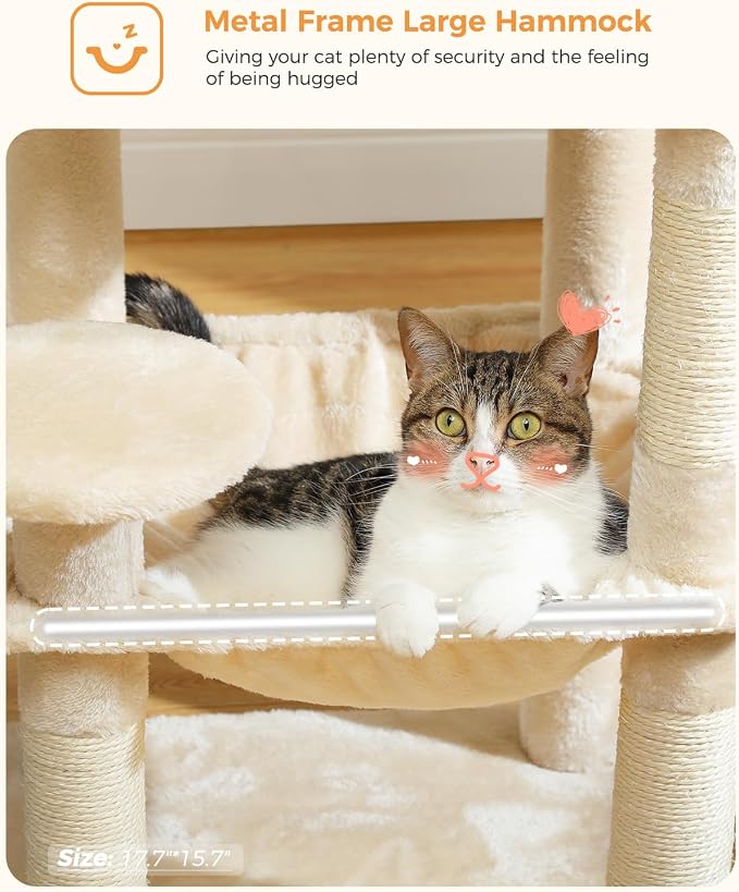 MUTTROS Cat Tree for Indoor Cats, 45.7" Multi-Level Cat Tower with Large Metal Frame Hammock, Cat Condo with 4 Scratching Posts and Top Perch for Small Medium Cat, Beige