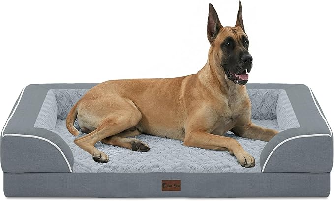 Orthopedic Dog Beds for Extra Large Sized Dogs 53x42 Inch, XXL Waterproof Egg Crate Foam Dog Sofa Bed with Removable Washable Cover Big Pet Couch with Bolster & Non-Slip Bottom, Grey