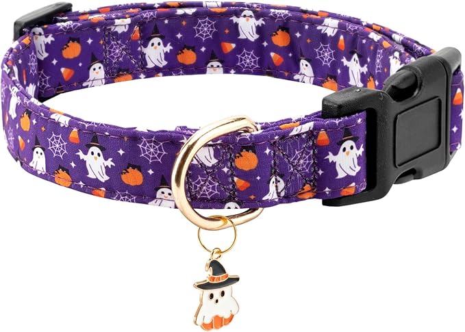 Fall Dog Collar,Soft and Cute Halloween Collars with Ghost Patterned Design for Girl Female Boy Dogs,Adjustable Buckle Pet Collar for Small Medium Large Dogs (Purple Ghost, Medium)