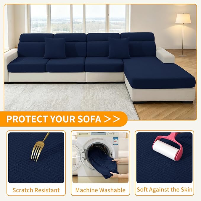 XINEAGE Chaise Cover for L Shaped Sofa,Sectional Couch Covers for Pets,Non Slip Sofa Seat Cover Washable,Sofa Slipcovers with Elastic Bottom(1 Piece Chaise Cover,Navy Blue)
