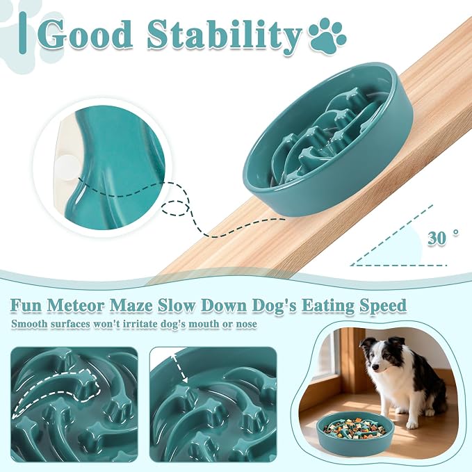 Ceramic Slow Feeder Dog Bowls, 2 Cups Dog Food Dish for Medium and Large Breed, Puzzle Dog Food Bowl for Fast Eater, 28OZ, 8.15 inch(Dark Green)