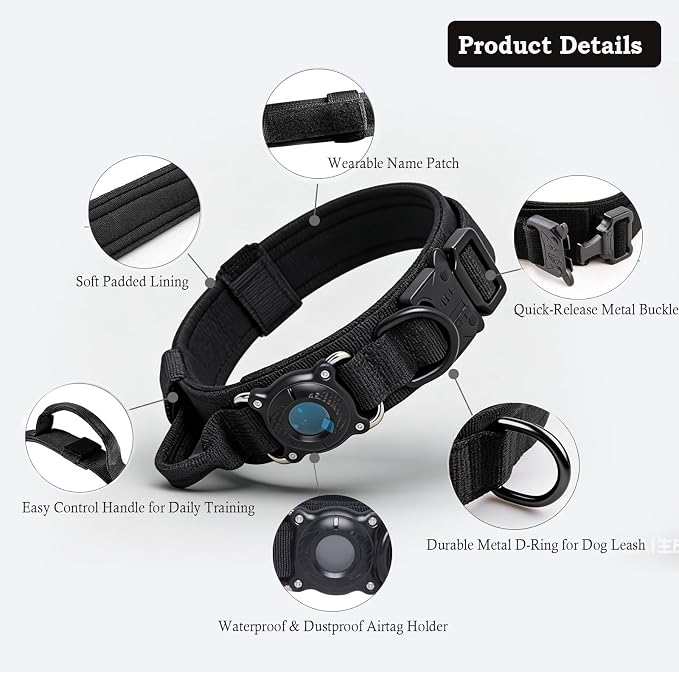 Upgraded AirTag Dog Collar,Waterproof Tactical Dog Collar with AirTag Holder, Control Handle and Metal Buckle,Heavy Duty Dog Collars for Large Dogs(Black，XL