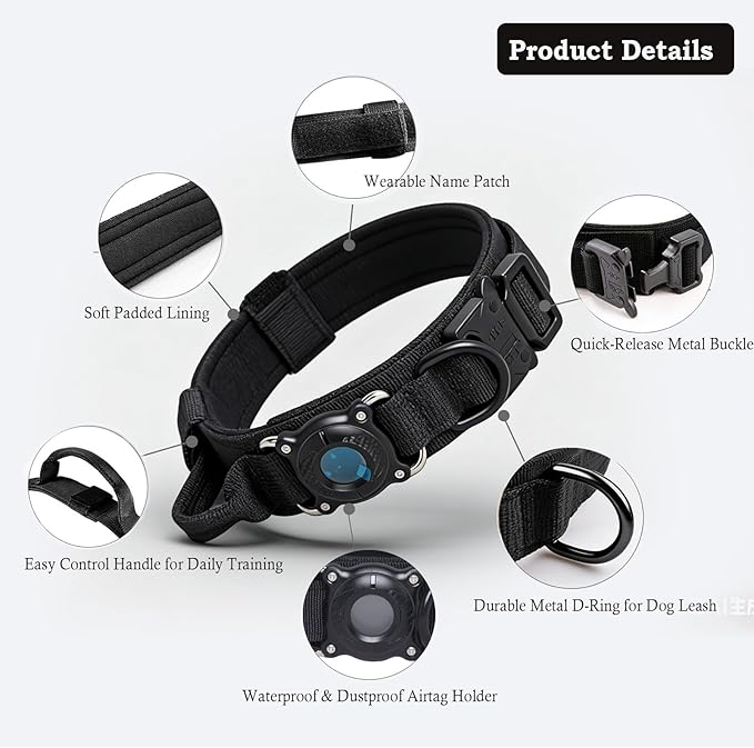 Upgraded AirTag Dog Collar,Waterproof Tactical Dog Collar with AirTag Holder, Control Handle and Metal Buckle,Heavy Duty Dog Collars for Large Dogs(Black，M