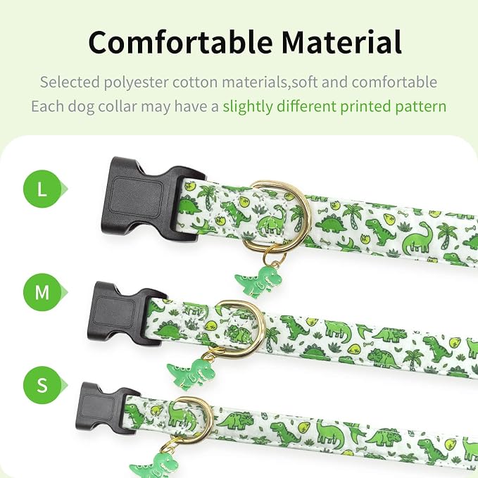 Cotton Dog Collar,Soft and Cute Puppy Collars with Green Dinosaur Patterned Design for Girl Female Boy Dogs,Adjustable Buckle Pet Collar for Small Medium Large Dogs (Green Dinosaur, L)