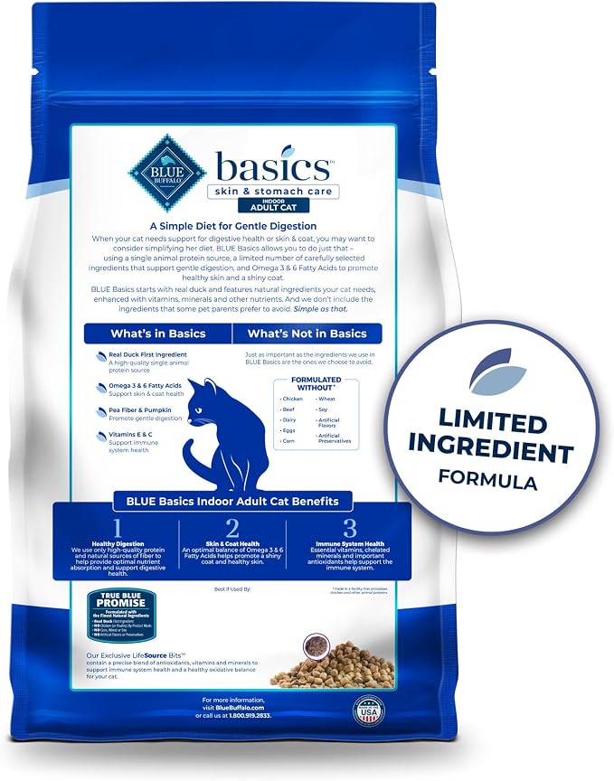 Blue Buffalo Basics Grain-Free Dry Cat Food, Skin & Stomach Care, Limited Ingredient Diet for Indoor Cats, Duck & Potato Recipe, 5-lb. Bag