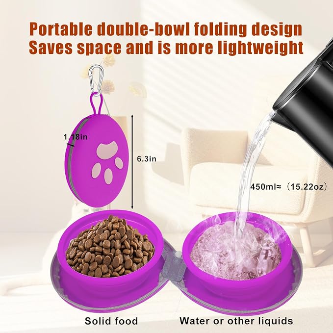 Collapsible Dog Bowls, 2-in-1 Silicone Pet Food and Water Bowl with Carabiner, Portable Double Compartment Dish for Travel, Camping, Hiking Puppy Essentials (A- Purple)