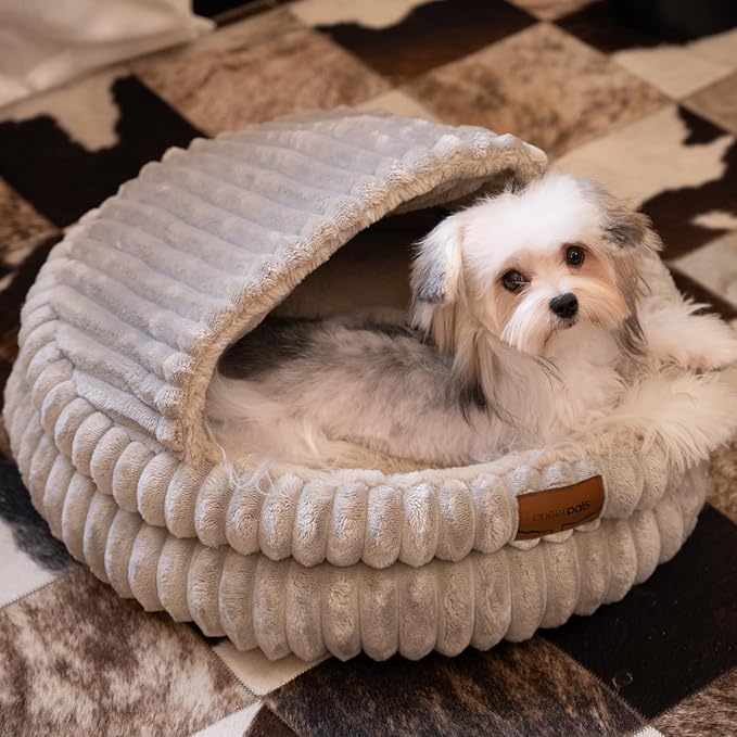 CHEERPALS Cat Cave Bed for Indoor Cats, Washable Covered Cat Bed Hooded Kitty Bed Soft Fluffy Pet Bed for Puppy and Small Dog(Khaki)