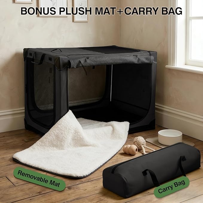 Veraste 42" L x 31" W x 31" H Collapsible Travel Dog Crate, Quick-Setup Portable Soft Dog Kennel for Large Dogs up to 90 lbs, 4-Door Foldable Travel Crate with Storage Bag, Black