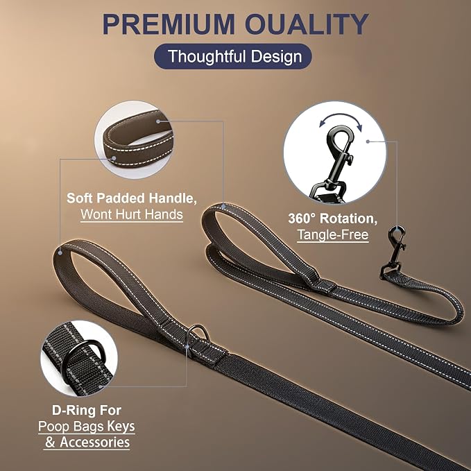 2 Pack Dual Handle Dog Leash, 6ft x 1in Heavy Duty Reflective Nylon Leash with Padded Grip, Traffic Handle, D-Ring, Tangle-Free Dog Lead for Small, Medium & Large Dogs, Safe Night Walks (Black+Blue)