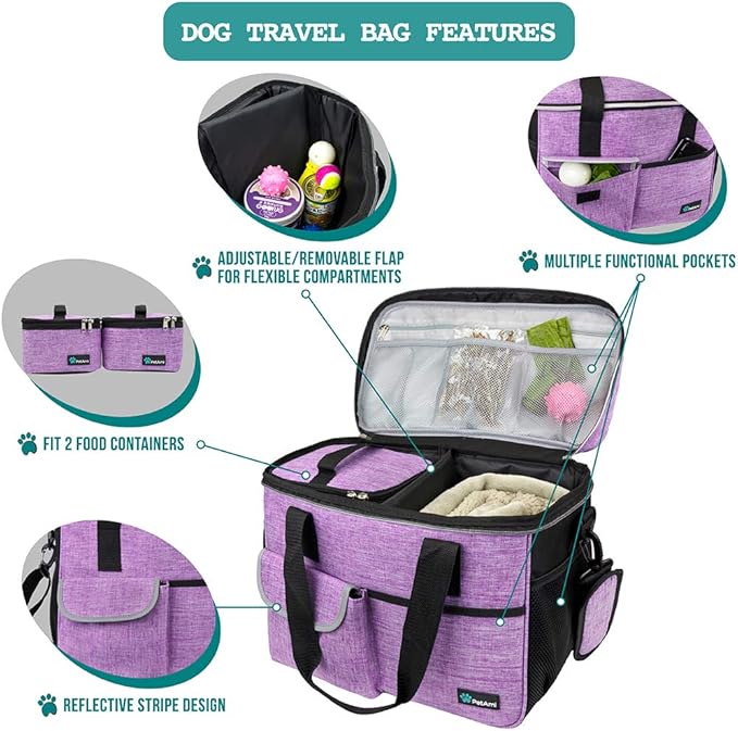 PetAmi Dog Travel Bag Organizer, Pet Travel Kit with 2 Food Containers & 2 Collapsible Dog Bowls, Pet Supplies Tote with Luggage Sleeve, Weekend Road Trip Camping Essentials, Purple, Medium
