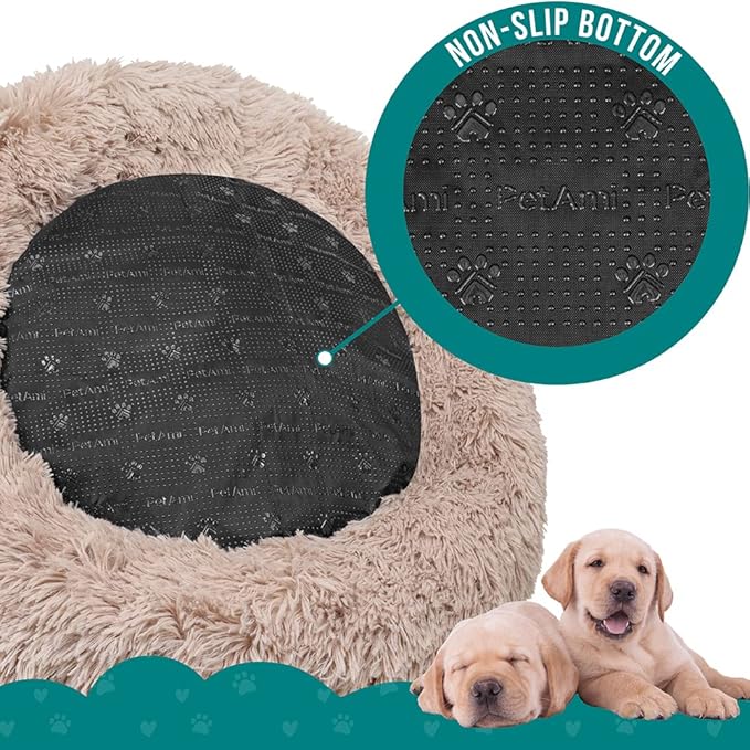 PetAmi Calming Dog Bed for Small & Medium Dogs, Cats & Puppy, Warming Round Donut Cuddler Bed, Anti-Anxiety Fluffy Shaggy Faux Fur Pet Bed, Machine Washable, Non-Slip Bottom, 30 Inch - Taupe