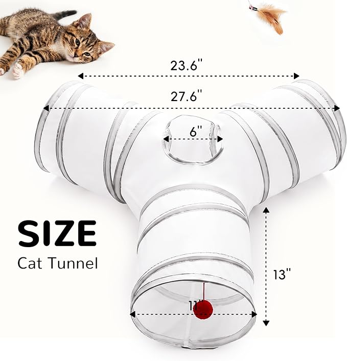 Tempcore Cat Tunnel for Indoor Cats, 3 Way Collapsible Pet Play Tunnel with Teaser Wand, Peek Holes & Hanging Ball, Interactive Tube for Kittens & Rabbits, White & Light Grey
