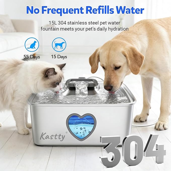 Kastty Large Dog Water Fountain, 15l/4gal Stainless Steel AUTO Pet Water Bowl Dispenser Indoor, 5-Stage Filtration, Dual-Color LED, Visual Window, Quiet, for Large Medium Dogs & Multi-Pet, FS80