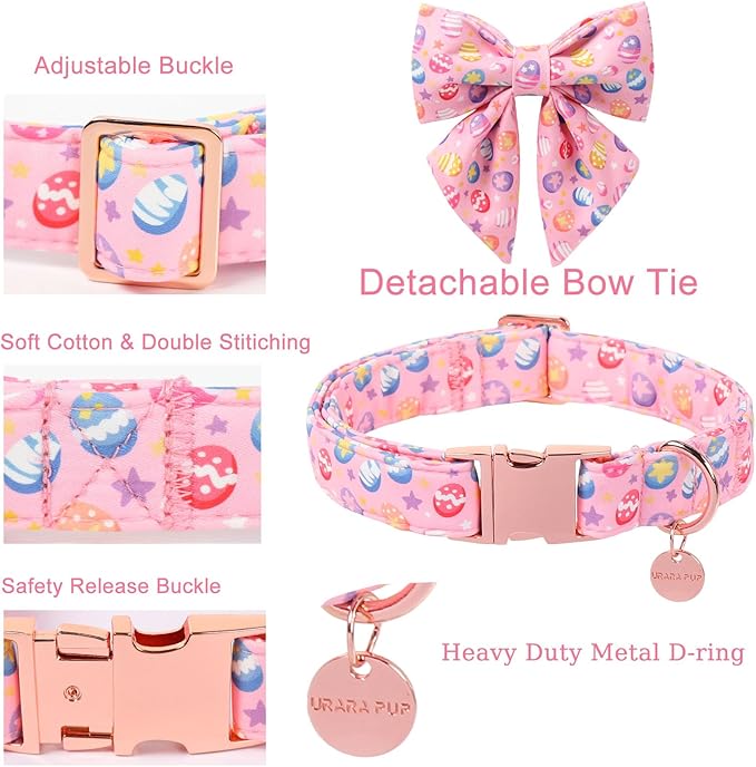 Easter Day Dog Collar with Bow, UP URARA PUP Easter Eggs Adjustable Pet Collar Bowtie with Metal Buckle, Colorful Eggs Cotton Dog Collars for Small Medium Large Dogs, S