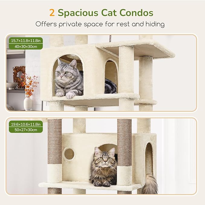 Globlazer 74in Cat Tree for Indoor Cats Large Adult, Heavy Duty Cat Tower with 5 Sisal Scratching Posts, 2 Caves, Oversized Top Perch, Hanging Basket, F74B, Beige