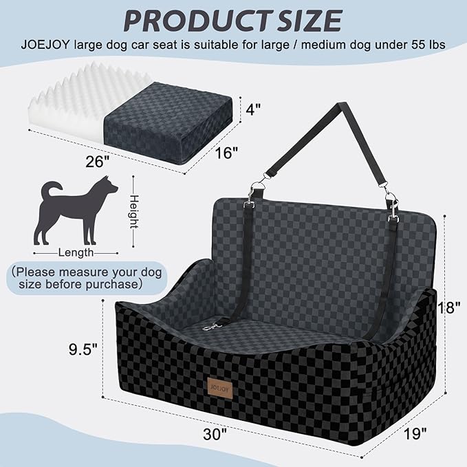 JOEJOY Dog Car Seat for Medium/Large Dogs - Reversible Dual-Sided Travel Dog Car Bed with Memory Foam, Washable Pet Booster Seat for Dogs up to 55 lbs or 2 Small Dogs, 2 Safety Leashes, Dark Grey