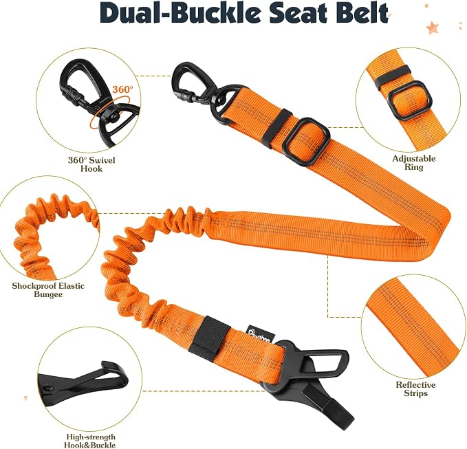 Pawaboo Dog Seat Belt Harness for Car, Dog Car Harness Seatbelt with Double Clips, Adjustable Breathable Pet Vest & Dogs Safety Tether with Elastic Bungee for Small Medium Large Pet, L, Orange/Black