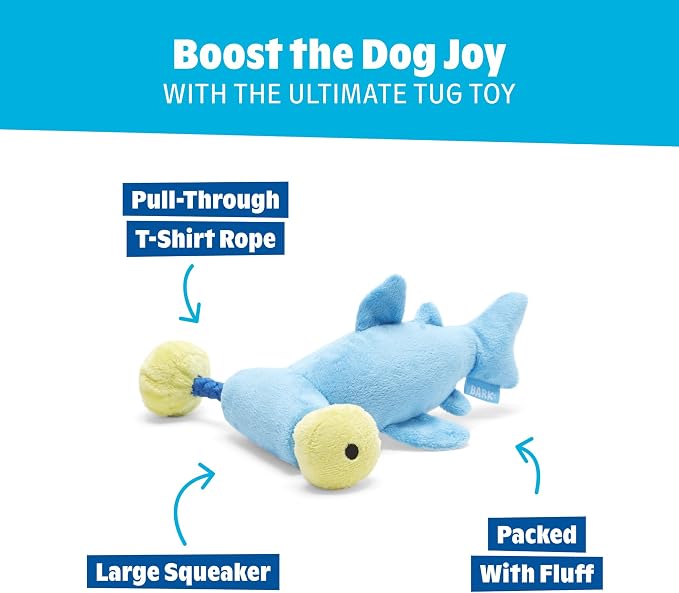 Barkbox Hammerin' Hank the Shark Dog Toy | Plush Hammerhead with 4 Squeakers & T-Shirt Rope | Tug & Thrash Toy for Small to Medium Dogs