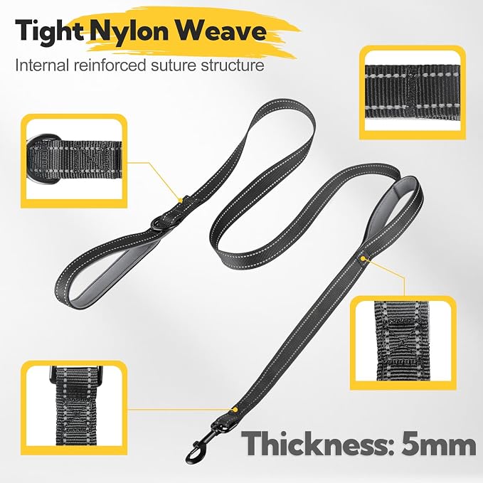 2-Handle Dog Leash Heavy Duty, Traffic Control & Night Safety Reflective Lead for Mid Large Dogs, Comfort Padded Grip Dog Leashes for Walking and Training(6 FT x 1" Wide Black+Grey)